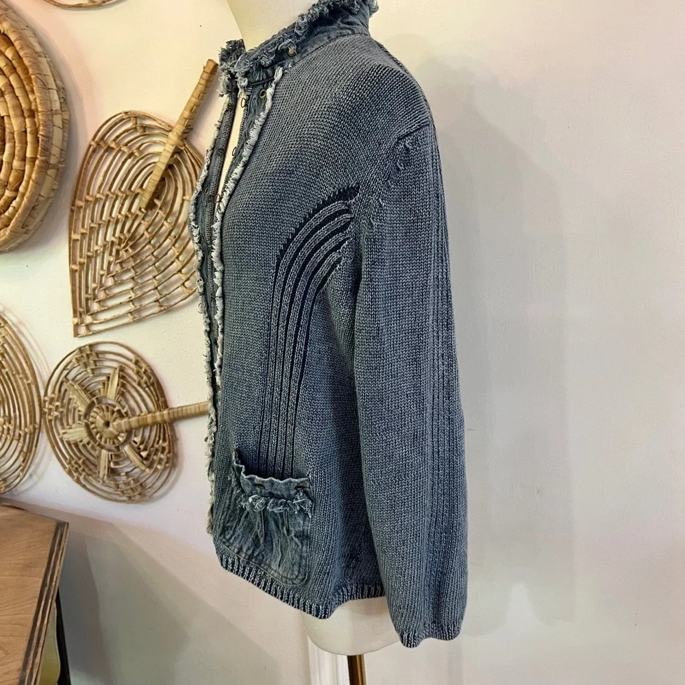 Vintage PBJ Blues Blue Cotton Ramie Denim Trim Cardigan Sweater Boho XL